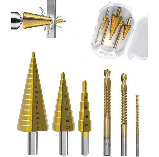 Kit 6 Brocas Escalonadas Titanio | De 4mm a 32mm con Estuche | Perfora Metal Madera y PVC Sin Parar